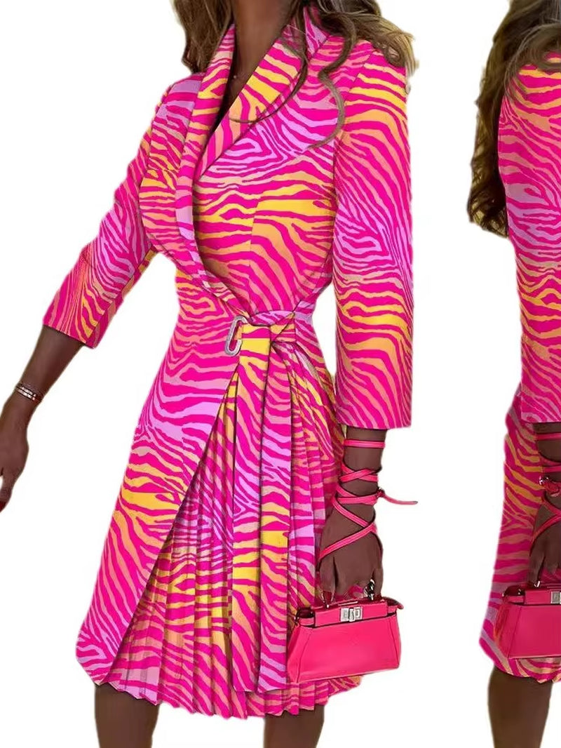 Velvet Dusk: Autumn V-Neck Cinched Waist Printed Dress