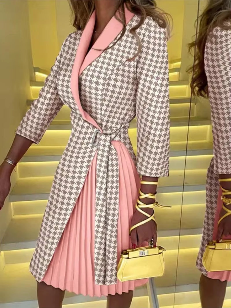 Velvet Dusk: Autumn V-Neck Cinched Waist Printed Dress