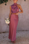  (mauve/dusty rose): "Mauve satin two-piece sleeveless top and long skirt ensemble