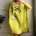 Urban Casual Hooded Dress V-Neck Pocket Printed Short-Sleeved Loose Hooded Face Heat Transfer 2024 Summer Dress Robe for Women