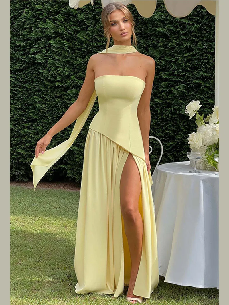 "Elegant yellow ribbon dress with flattering design for special occasions"