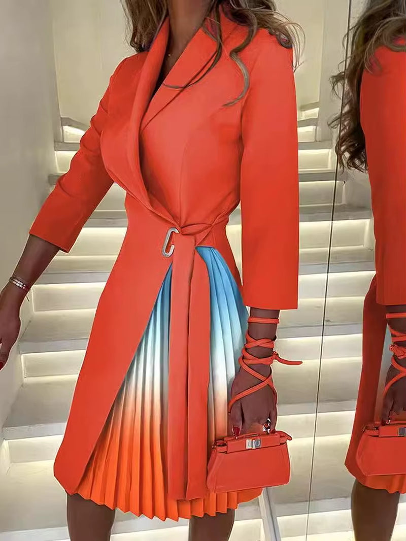 Velvet Dusk: Autumn V-Neck Cinched Waist Printed Dress